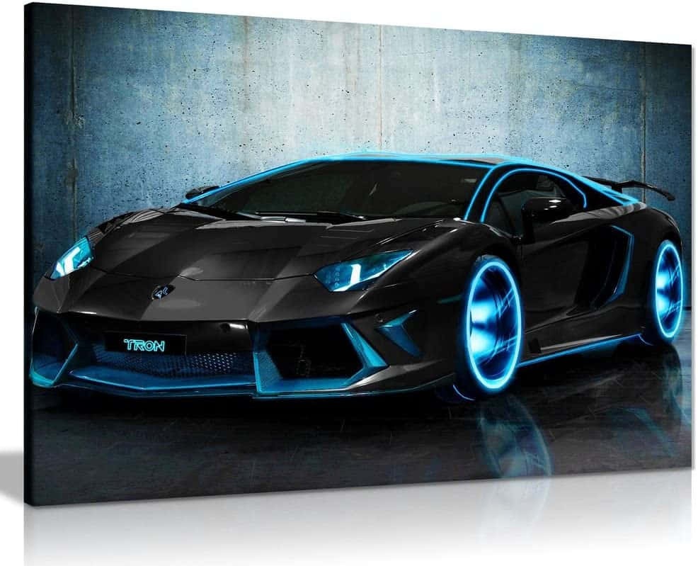 a black sports car with blue lights on it