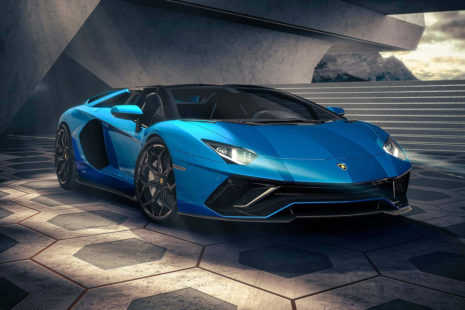 the blue lamborghini huracan is parked in front of a building