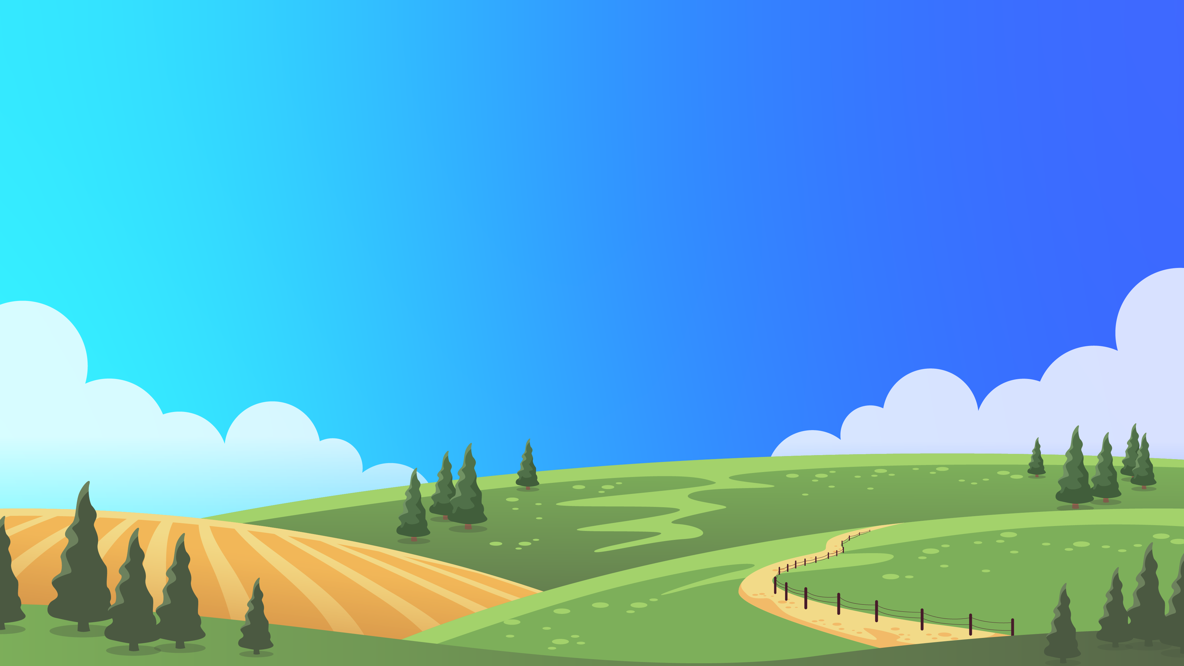 A peaceful and serene landscape in the backyard Background — A bright cartoon landscape with rolling green hills a winding dirt path and a golden field under a clear blue sky with fluffy white clouds.