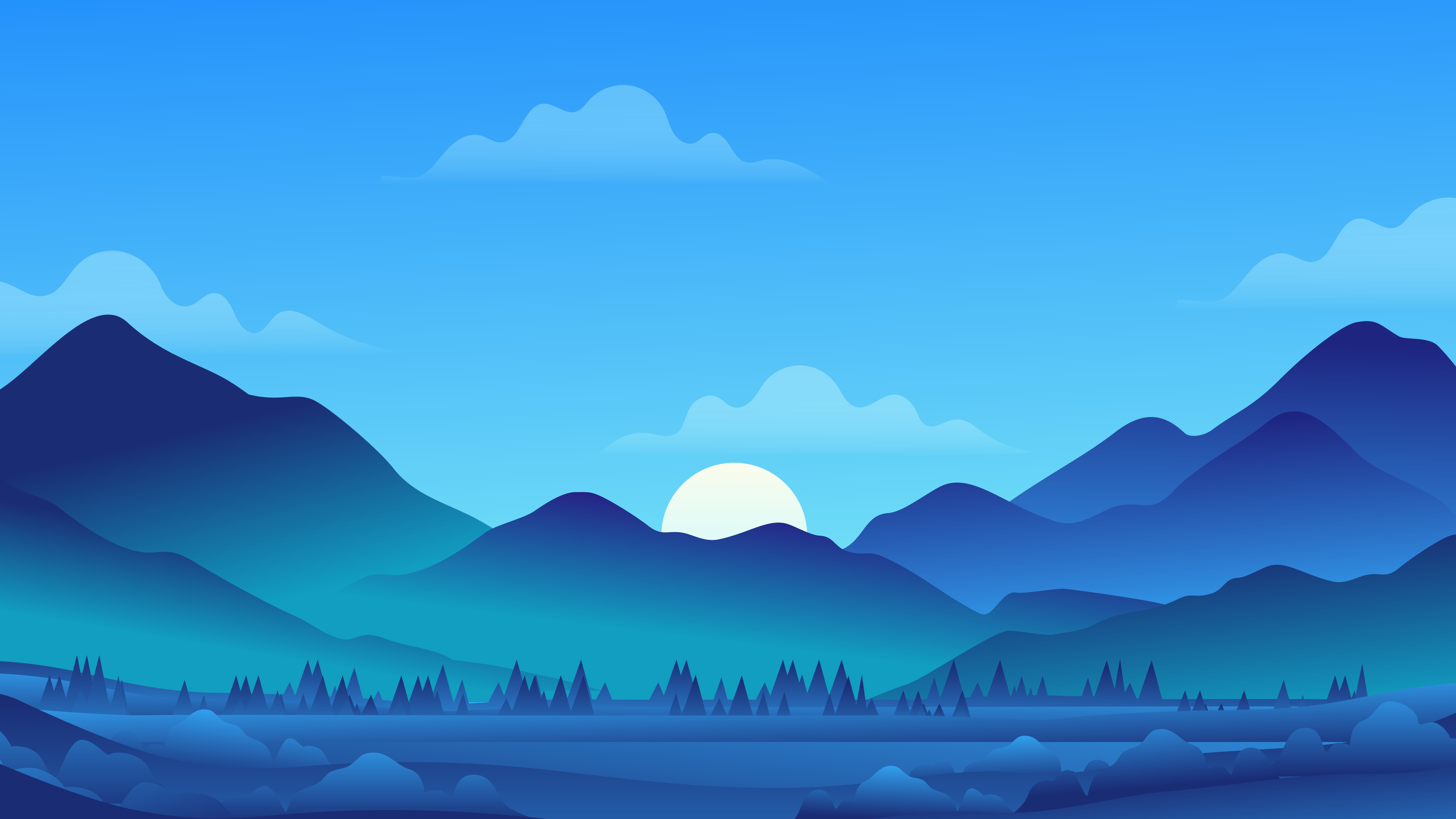 An idyllic landscape of rolling hills and lush greenery. Background — A serene blue mountain landscape at dusk with a glowing sun setting behind peaks and soft clouds.