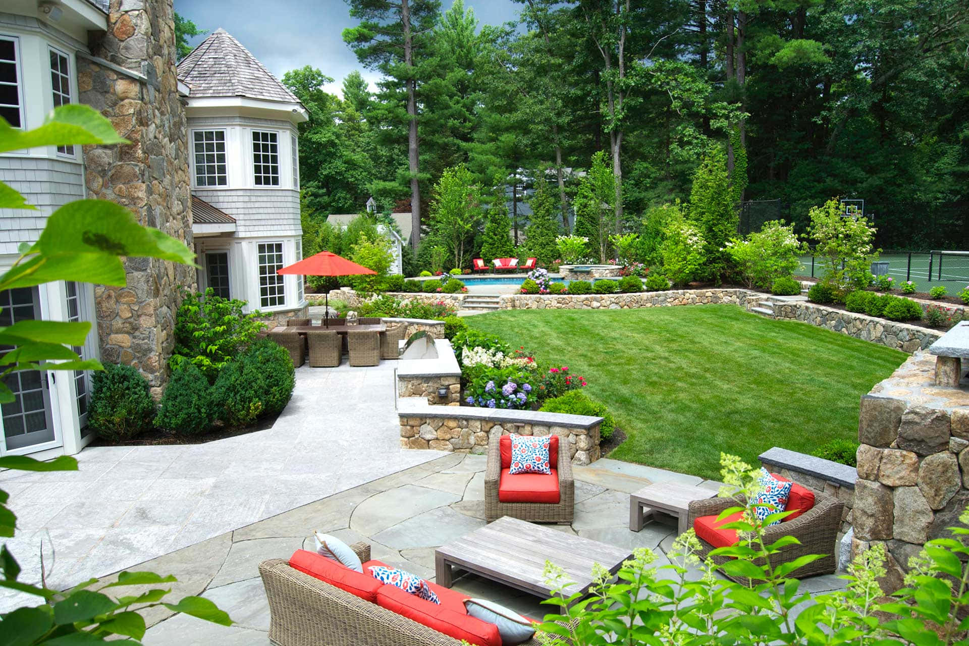 Stunning Landscape Design with Lush Greenery and Serene Pathways