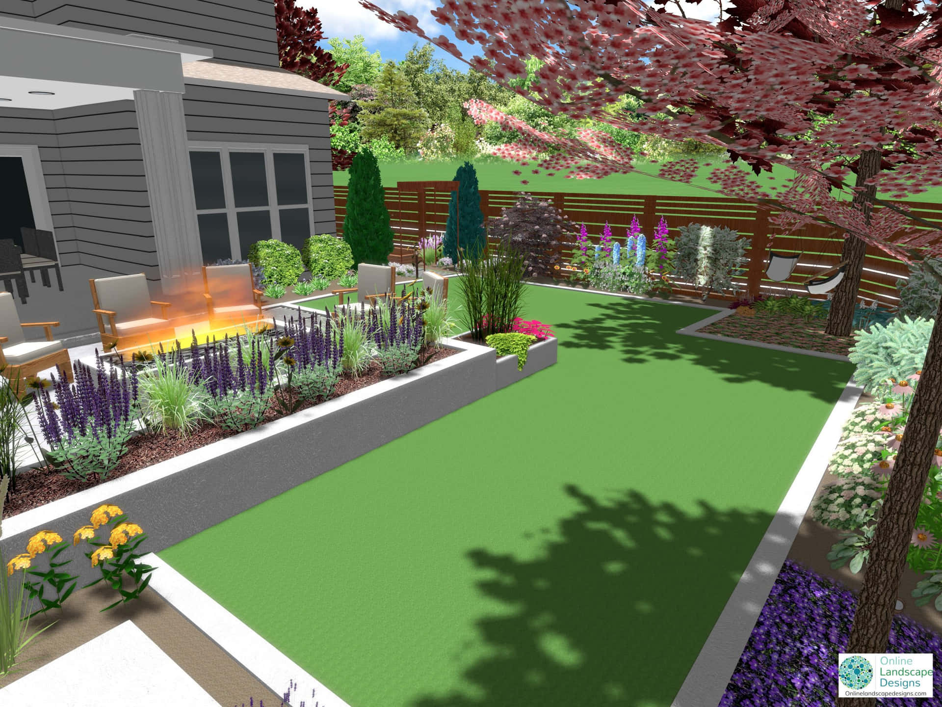 a 3d rendering of a backyard with a lawn and plants