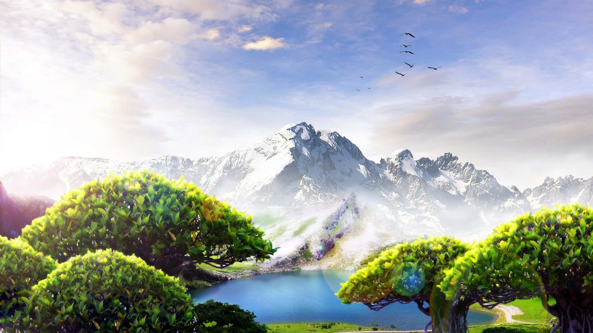 Trees And Mountain Landscape Art Picture