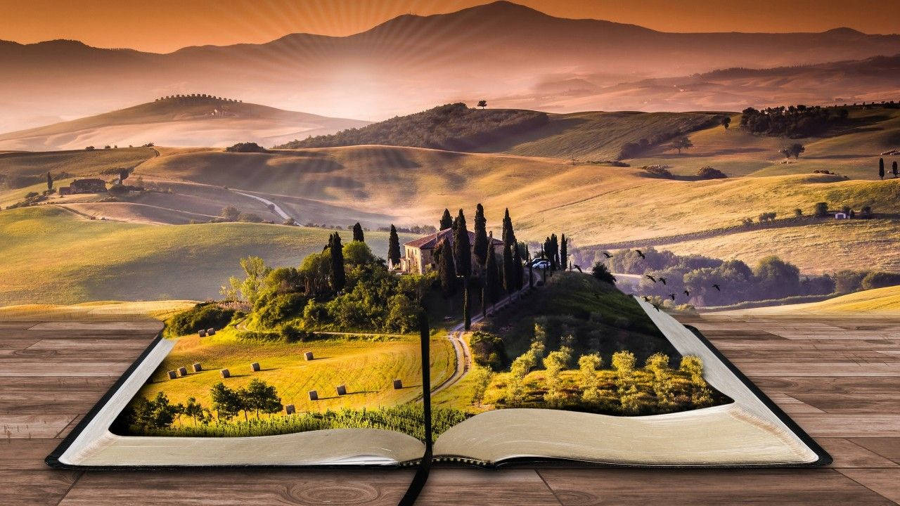 Landscape scenery edited on an open book wallpaper