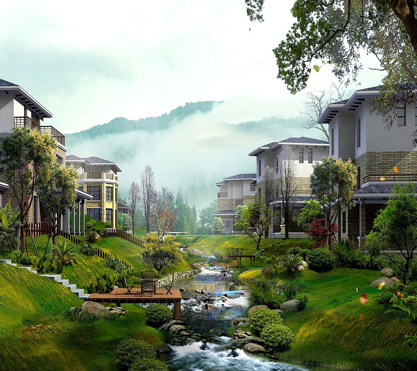 Landscape Village With Contemporary Chinese Houses Wallpaper