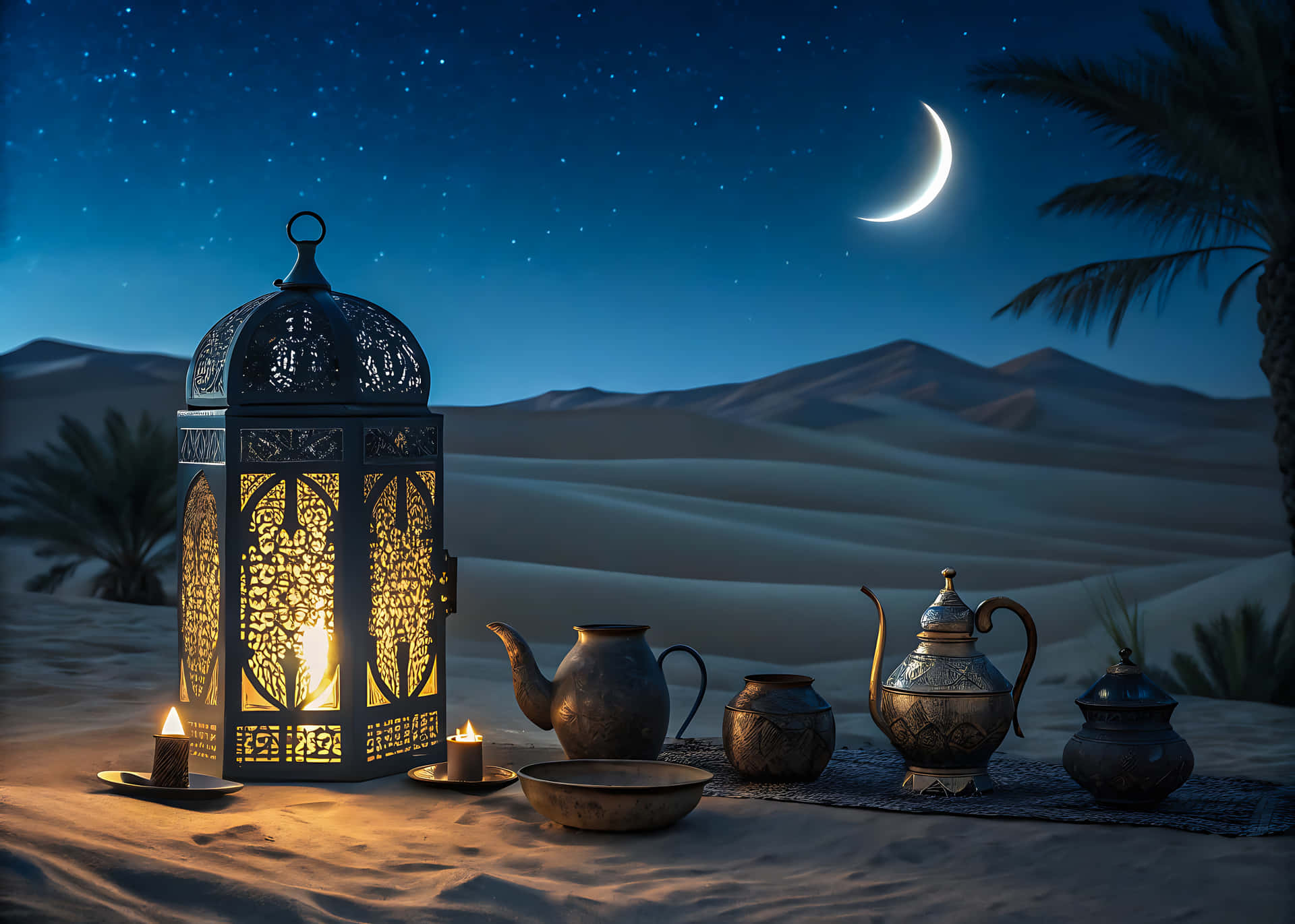 Lantern And Teapots In Desert Under Crescent Moon Sky Wallpaper