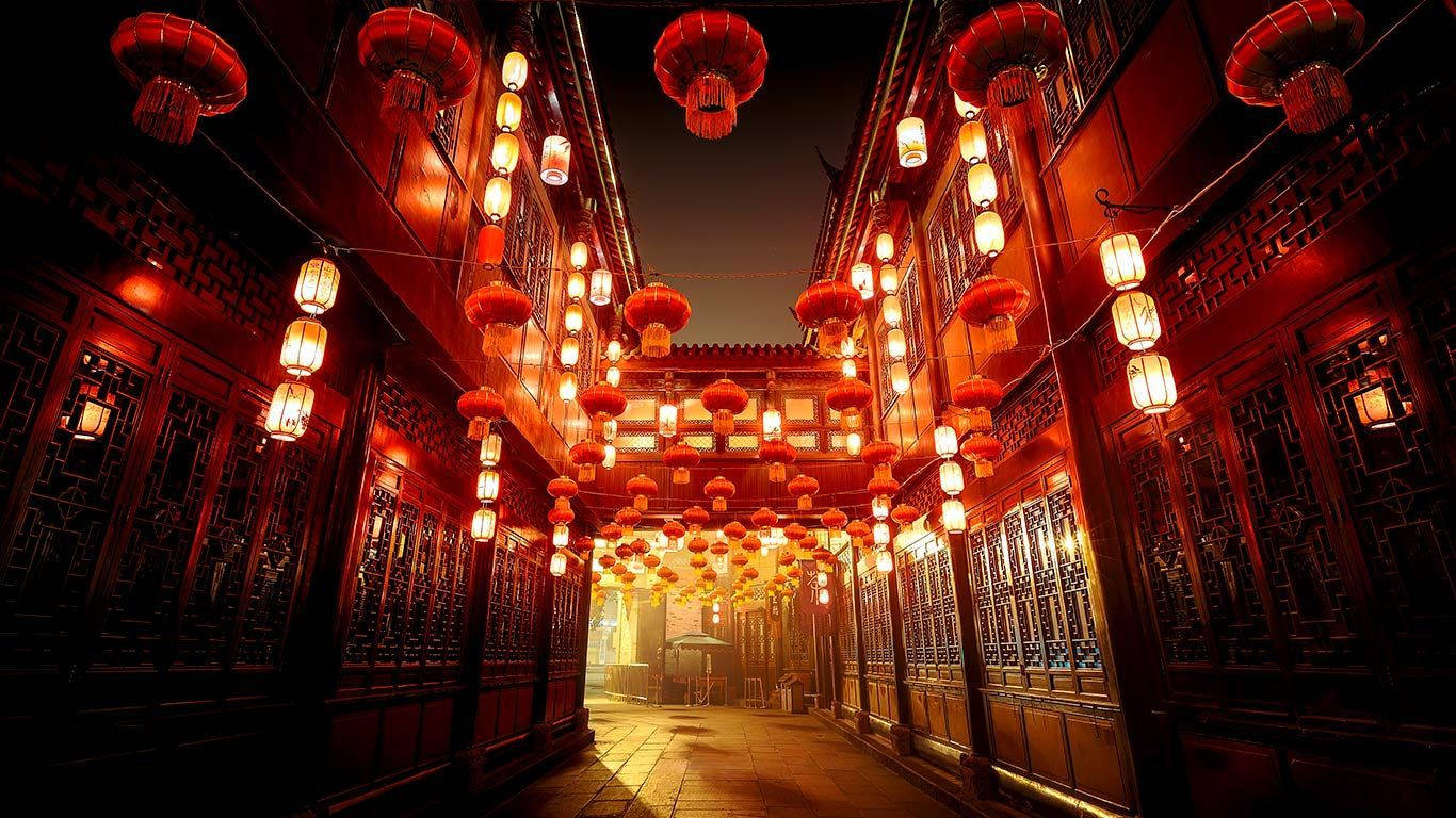 Linternasen La Calle Jinli En Chengdu. Fondo de pantalla