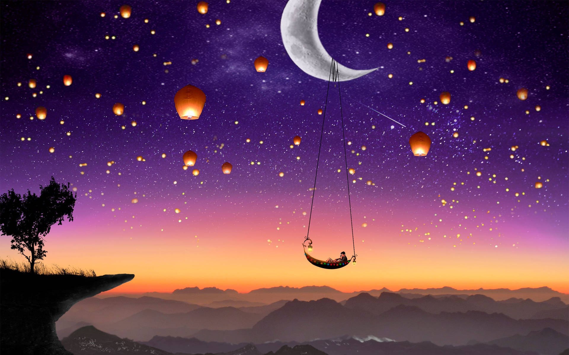 A forest of lanterns during a crescent moon night Wallpaper