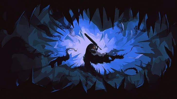 A Man Is Standing In A Cave With A Sword Wallpaper