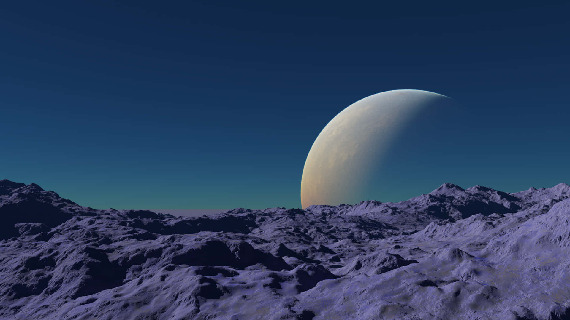 Et planet ses i det fjern over et bjerglandskab. Wallpaper
