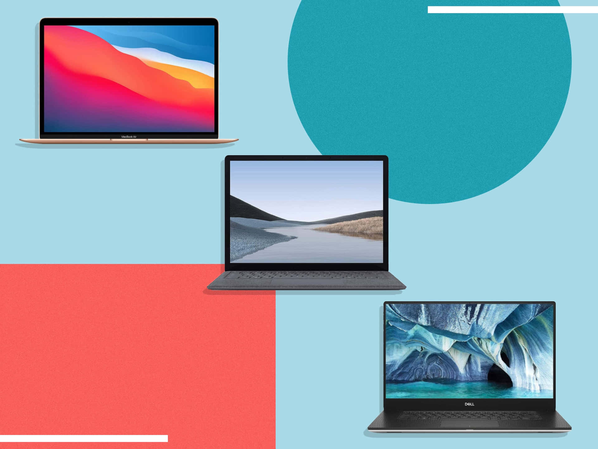 Fire bærbare computere på en farverig baggrund.