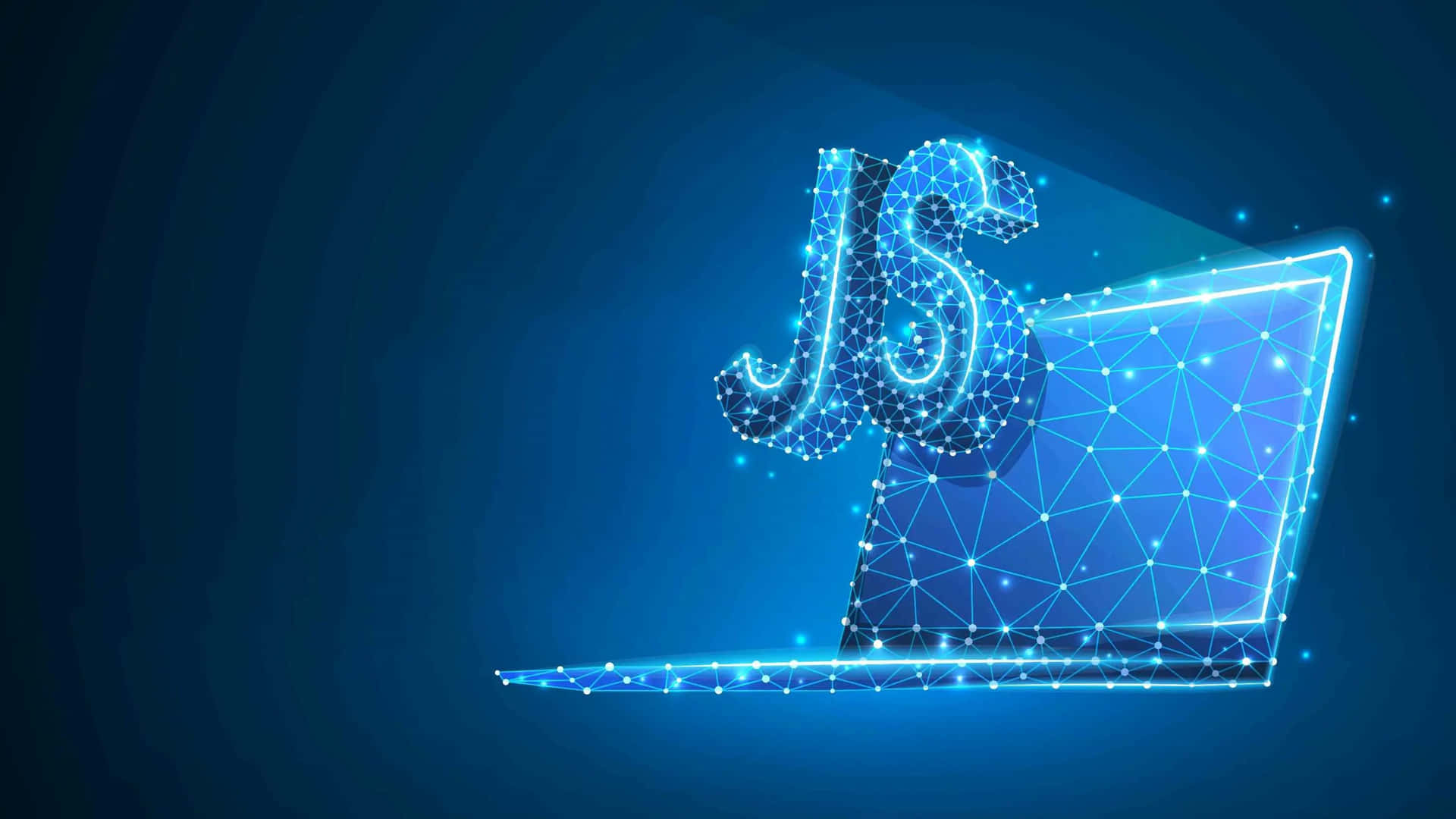 Java Script Digital Transformation Laptop Wallpaper — A glowing blue polygonal laptop emits a radiant 'JS' logo in a futuristic digital style against a dark blue gradient background.