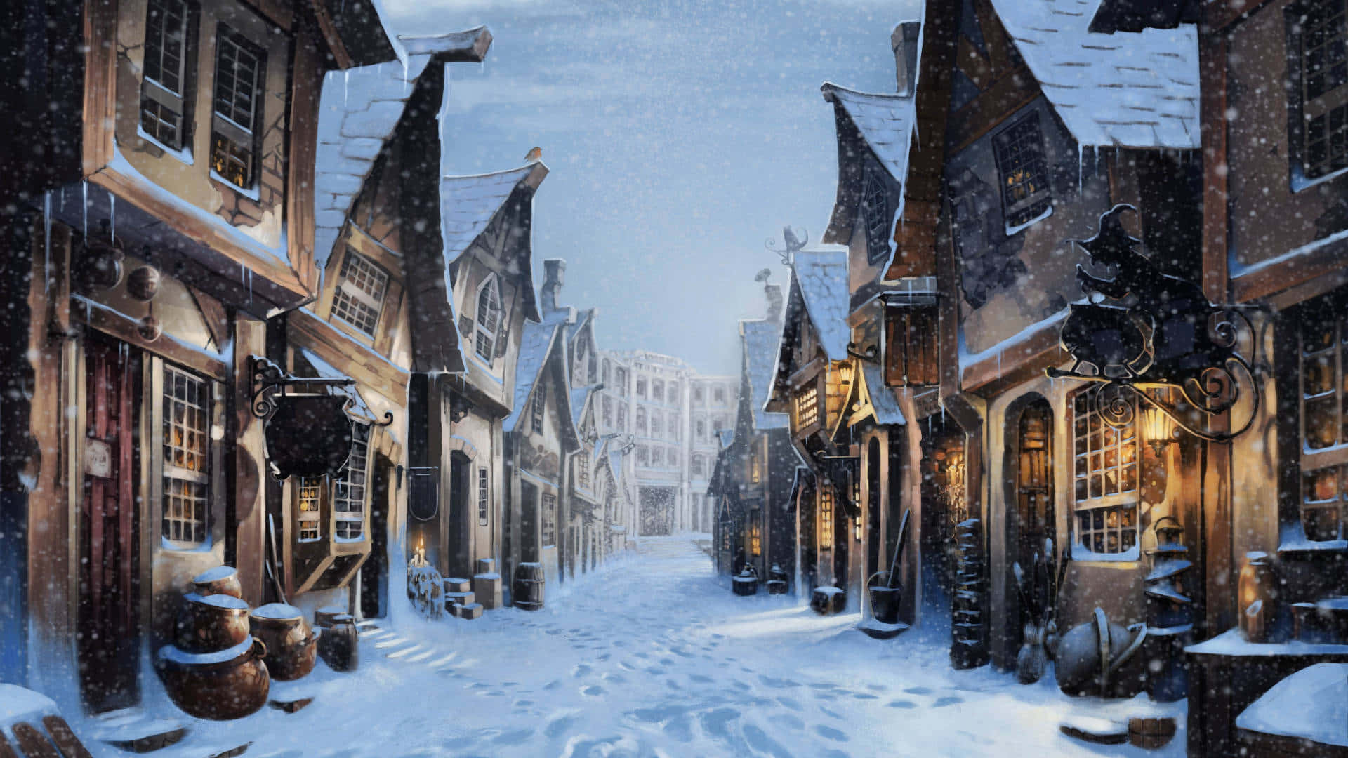 A Painting Of A Snowy Street With Buildings Wallpaper