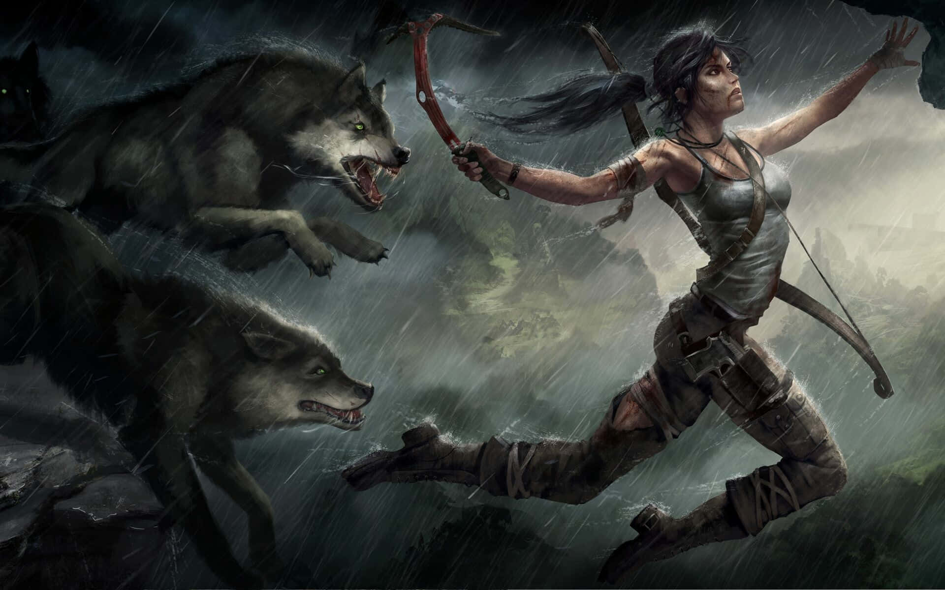 Lara Croft Battle Against Wolves Wallpaper