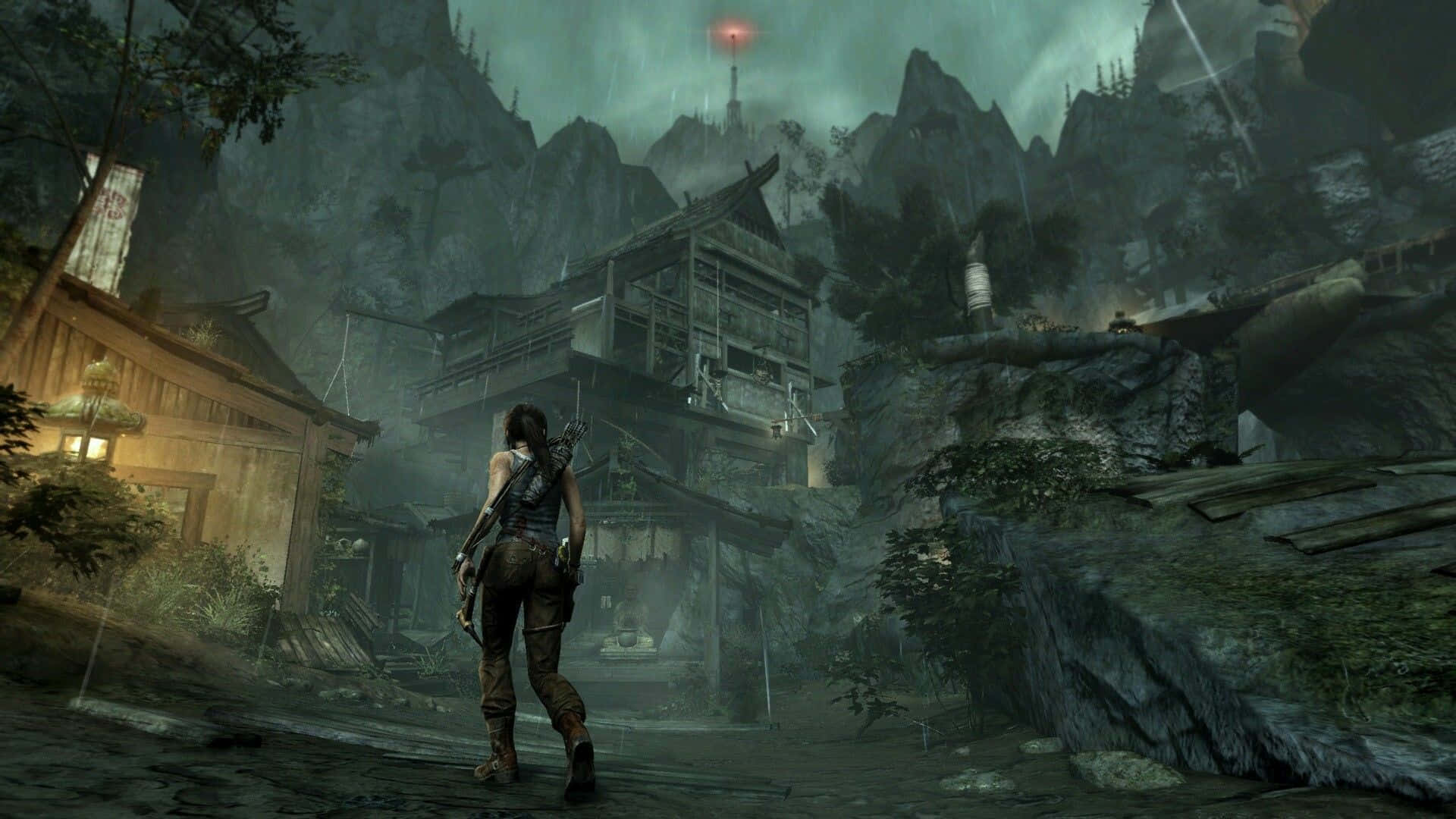 Lara_ Croft_ Exploring_ Mountain_ Village Wallpaper