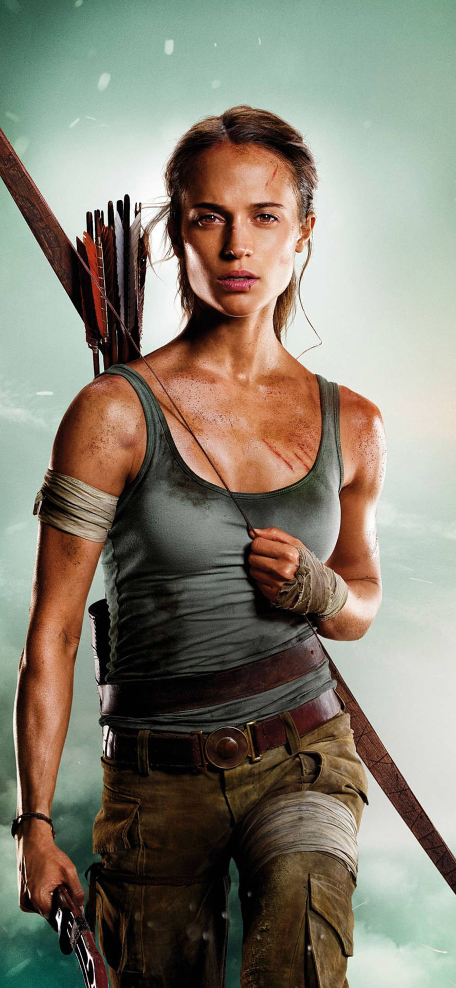 Lara Croft at her best with her trusty weapon and an iPhone! Wallpaper