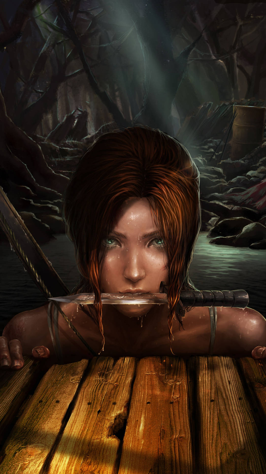 Lara Croft iPhone Biting Knife Wallpaper
