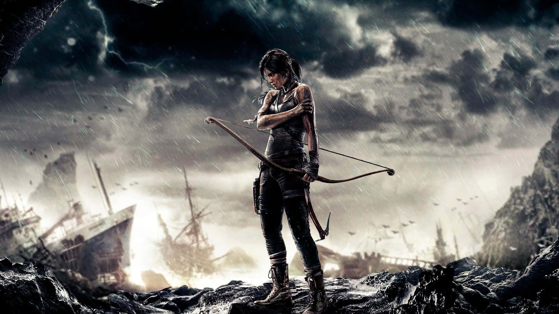 Lara Croft Stormy Shipwreck Wallpaper