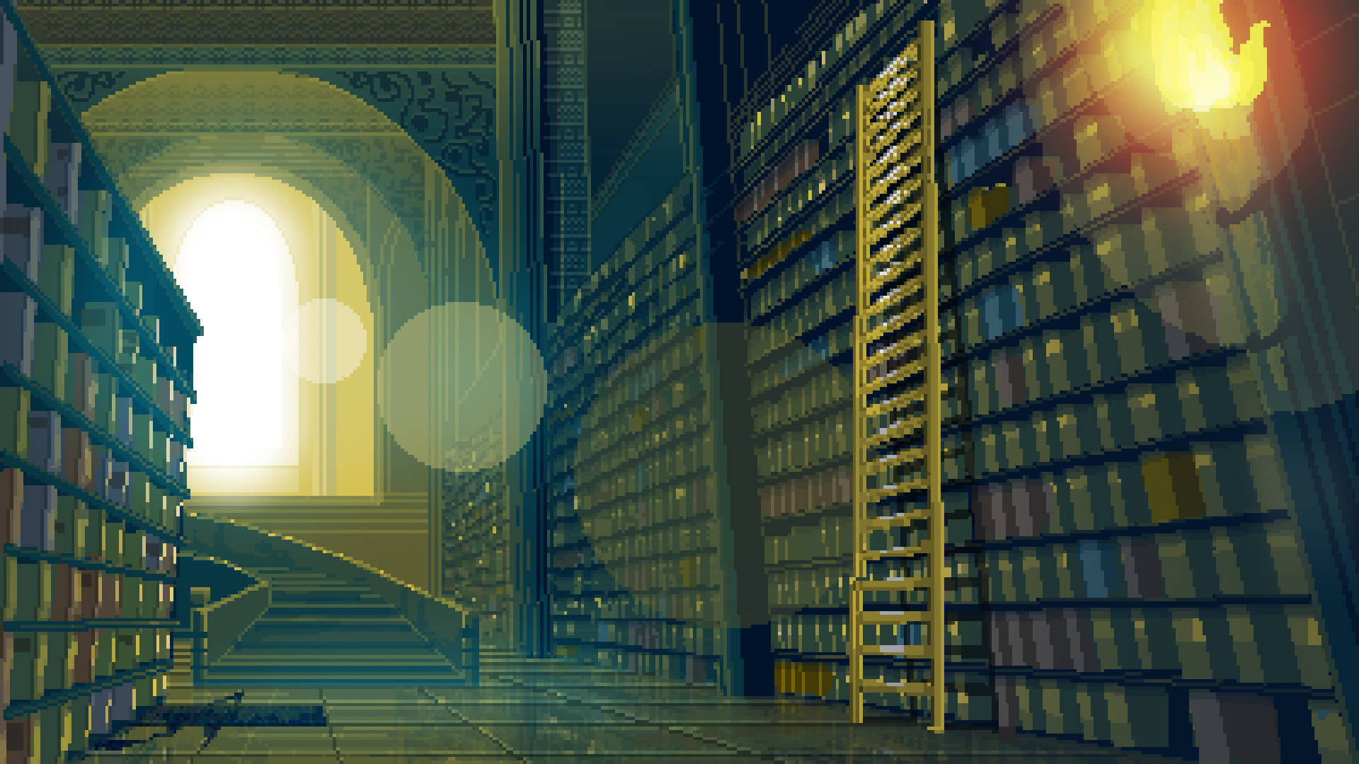 Large Library In Aesthetic Pixel Art Wallpaper