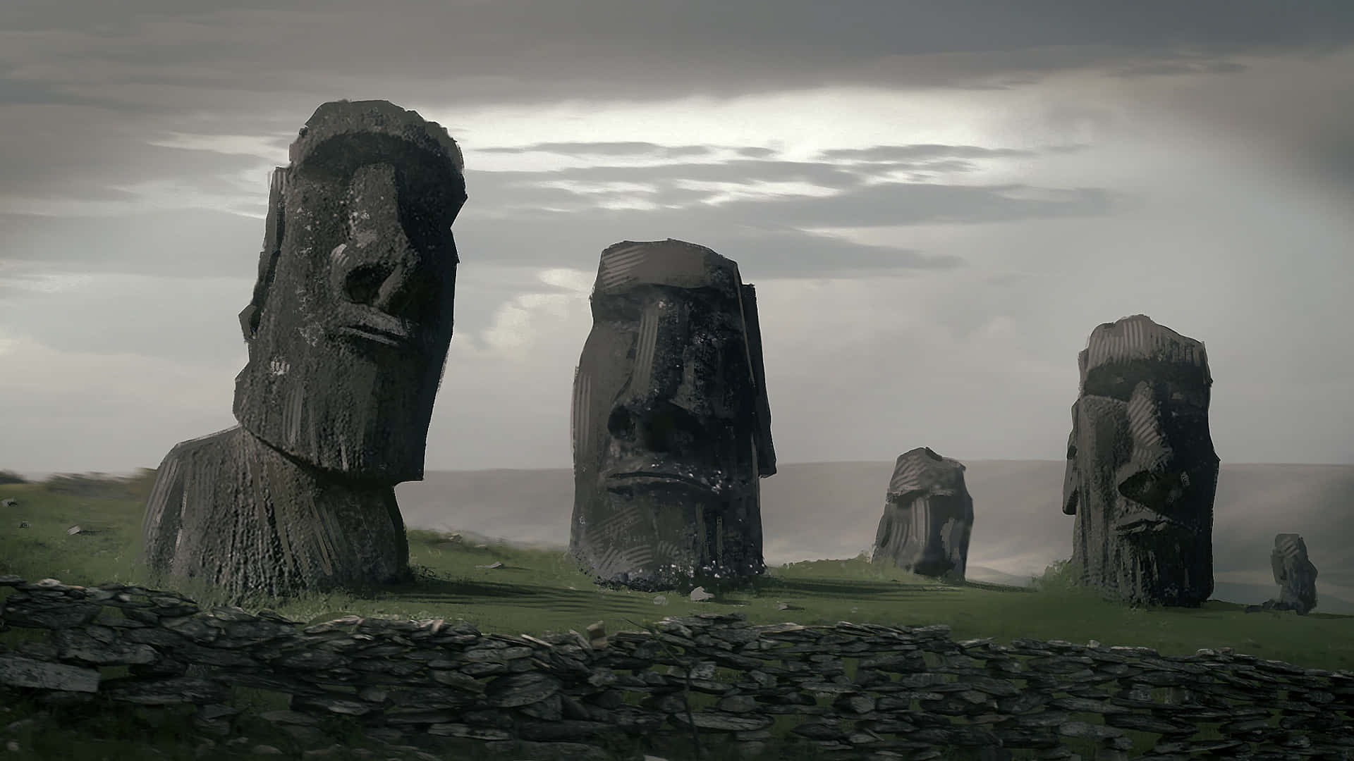 Large Moai Head Figures Wallpaper