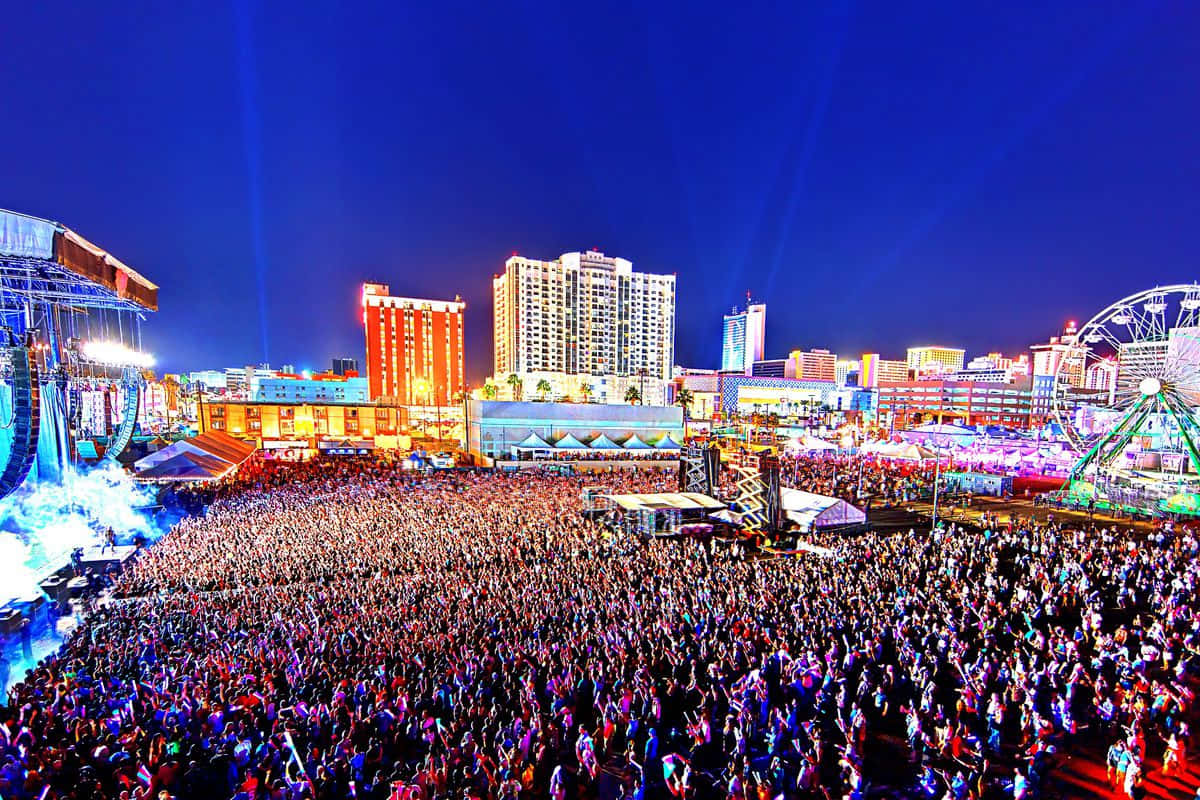 Bright neon lights shine through the night in Las Vegas.
