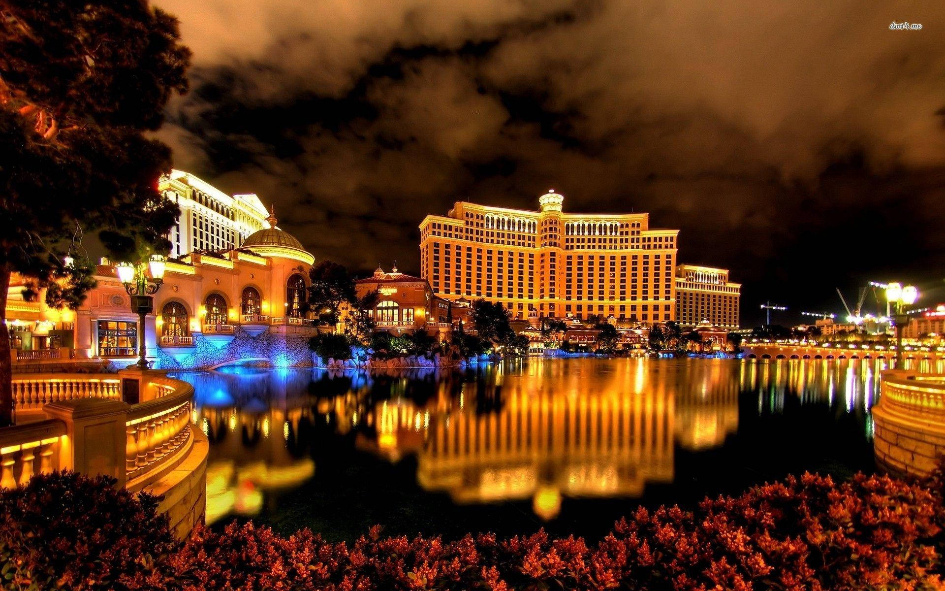 Las Vegas Strip Bellagio Casino Fontän Natt. Wallpaper