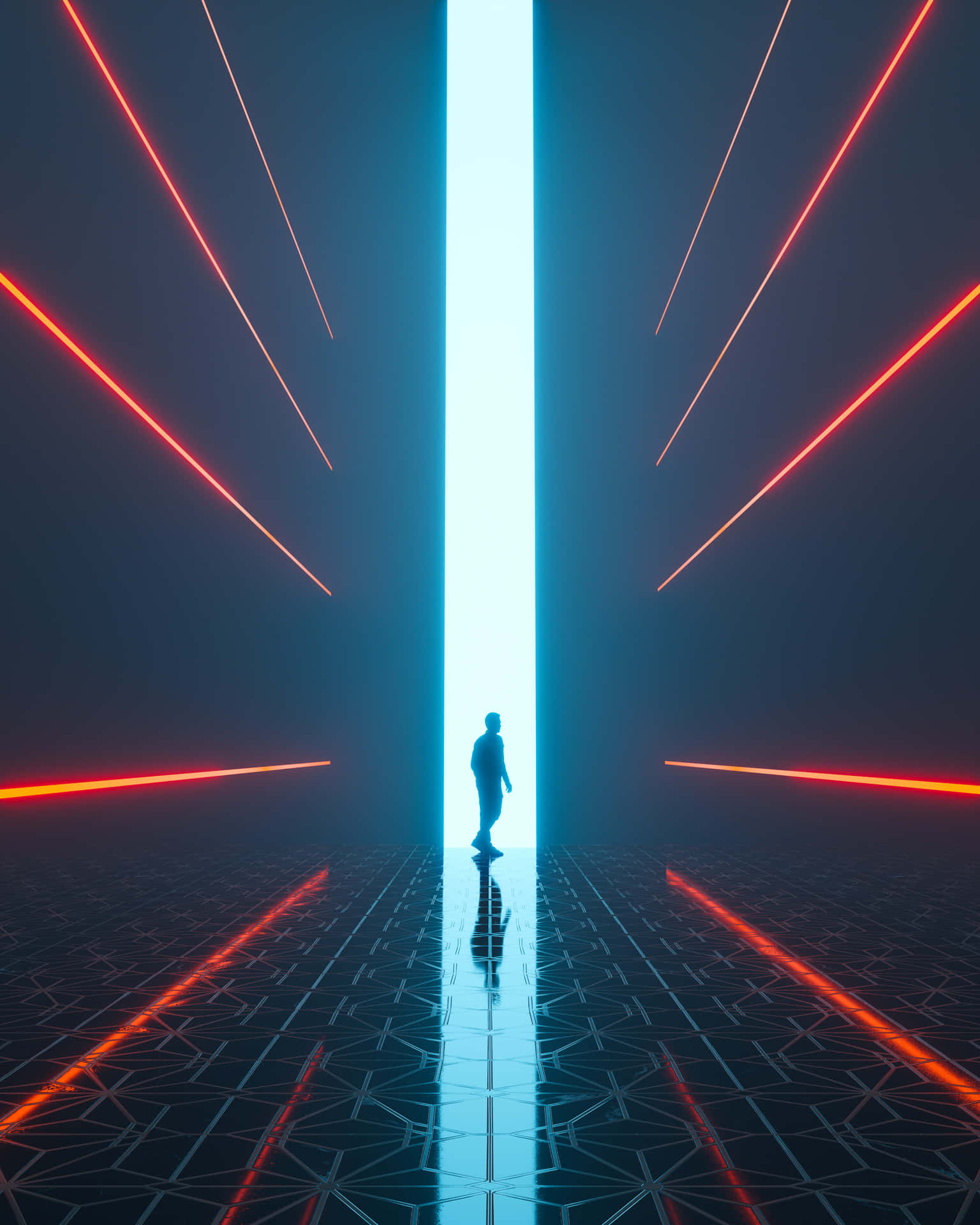 A Person Standing In A Dark Tunnel With Neon Lights