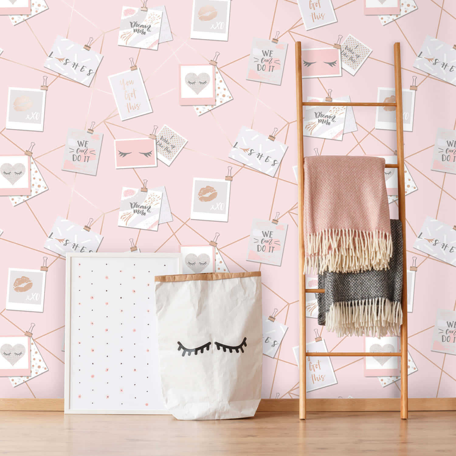 A Pink Wallpaper With Pictures And A Ladder