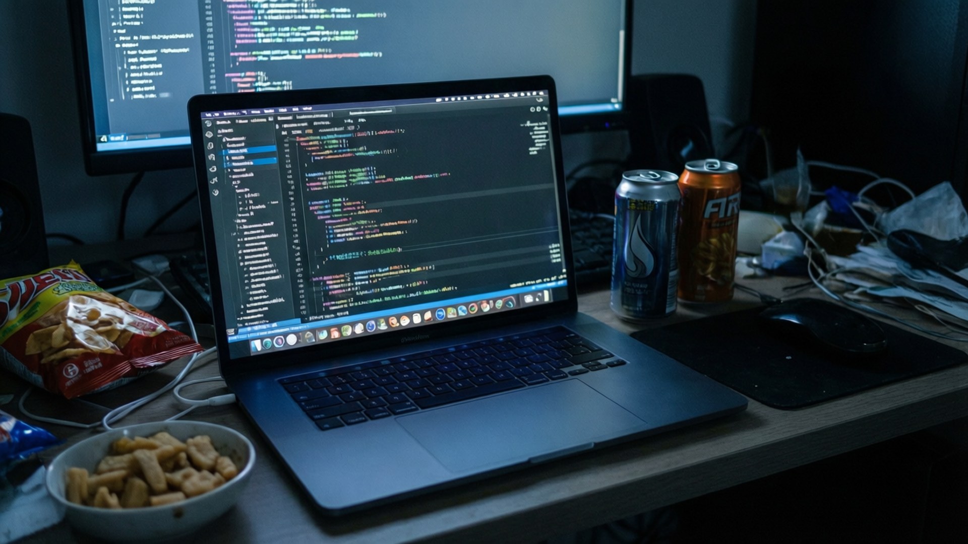 A MacBook Pro coding setup at night.