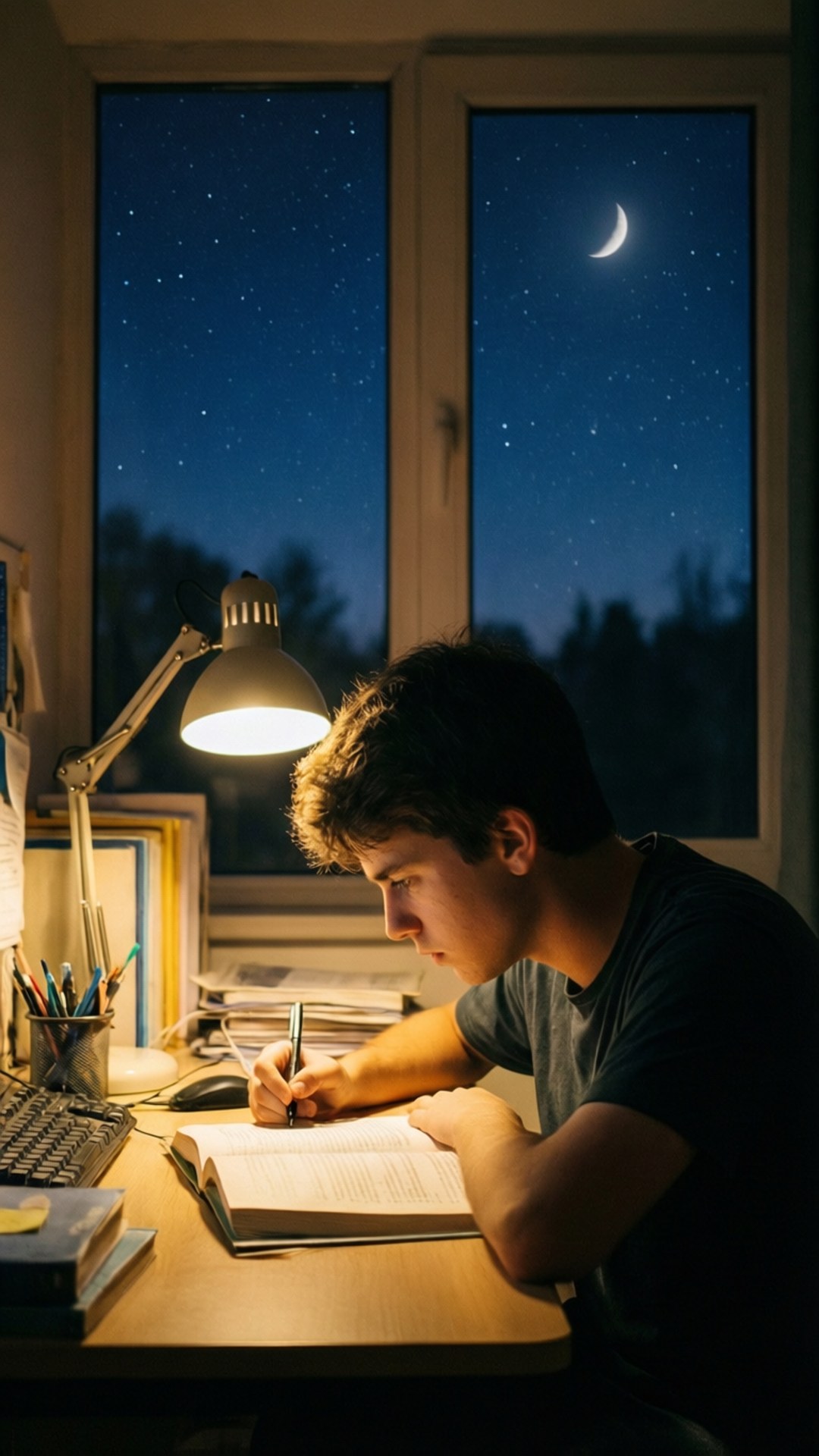 A student studying at night with a lamp and starry sky outside.