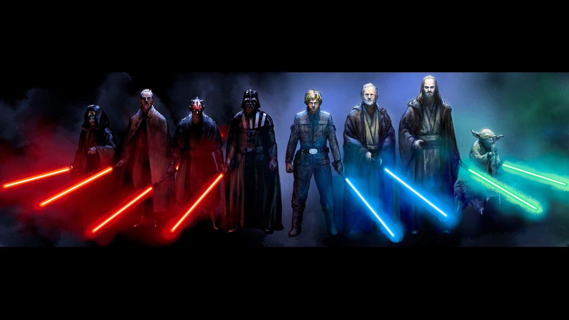 Lateral Star Wars Characters With Lightsabers Wallpaper