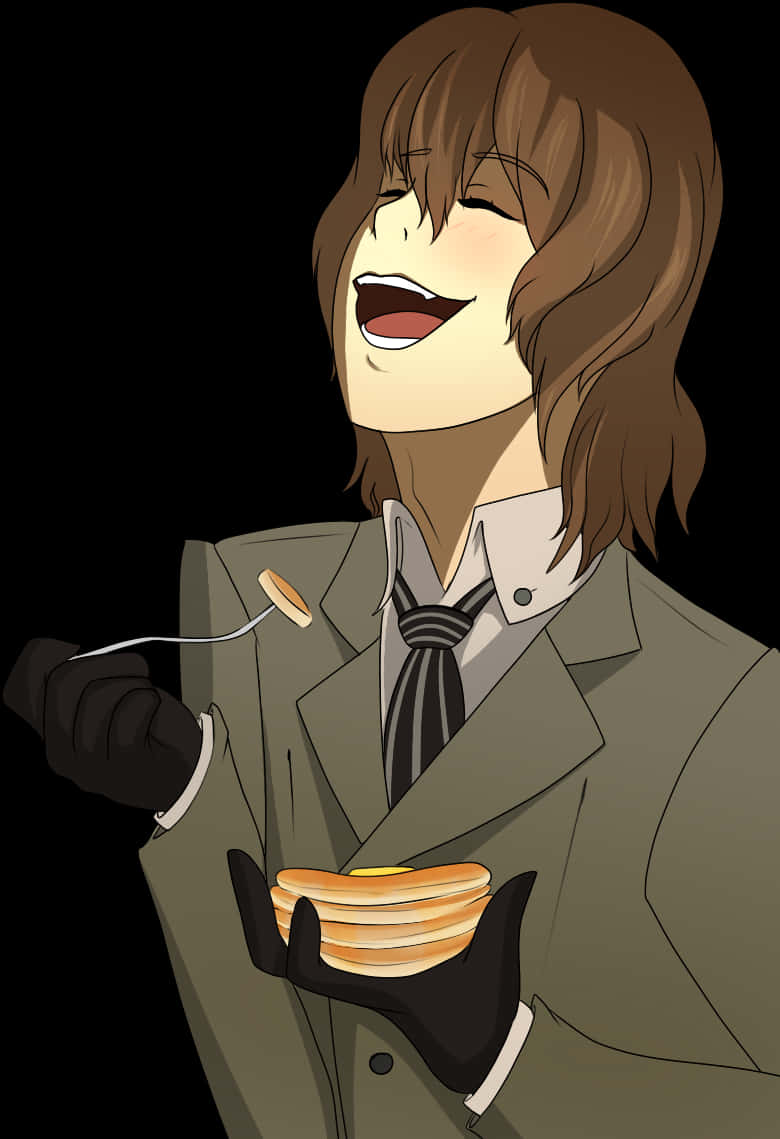 Laughing Anime Character Holding Pancakes PNG