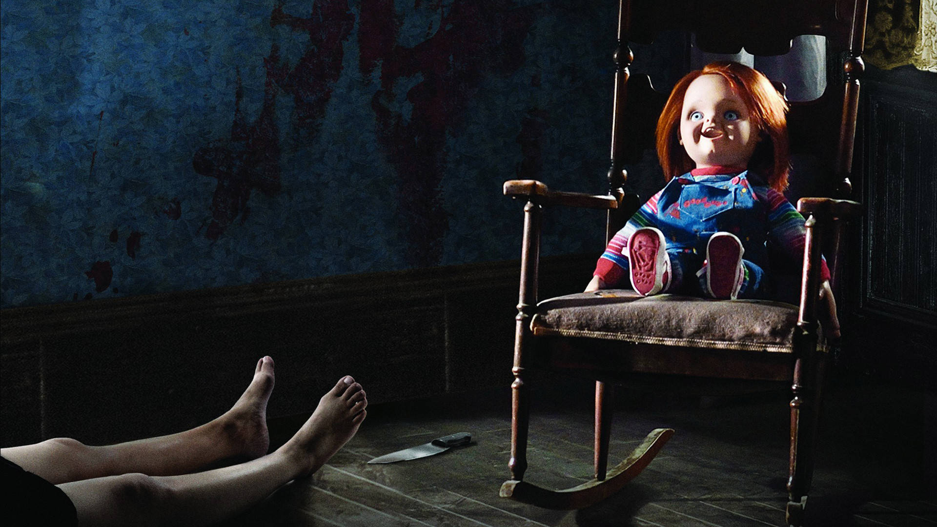 Laughing Chucky On Rocking Chair Background