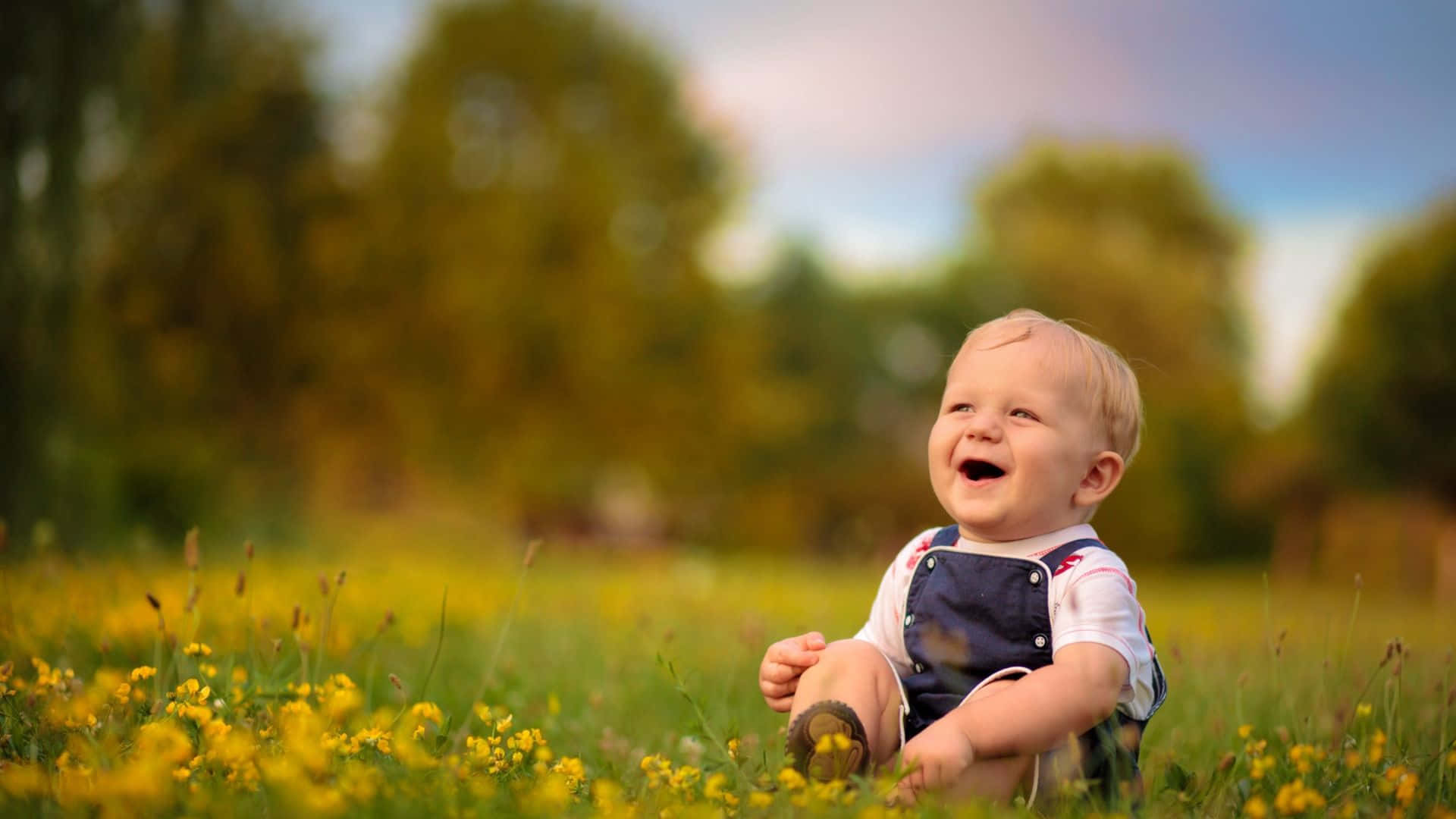 A Baby Is Sitting In A Field With Yellow Flowers