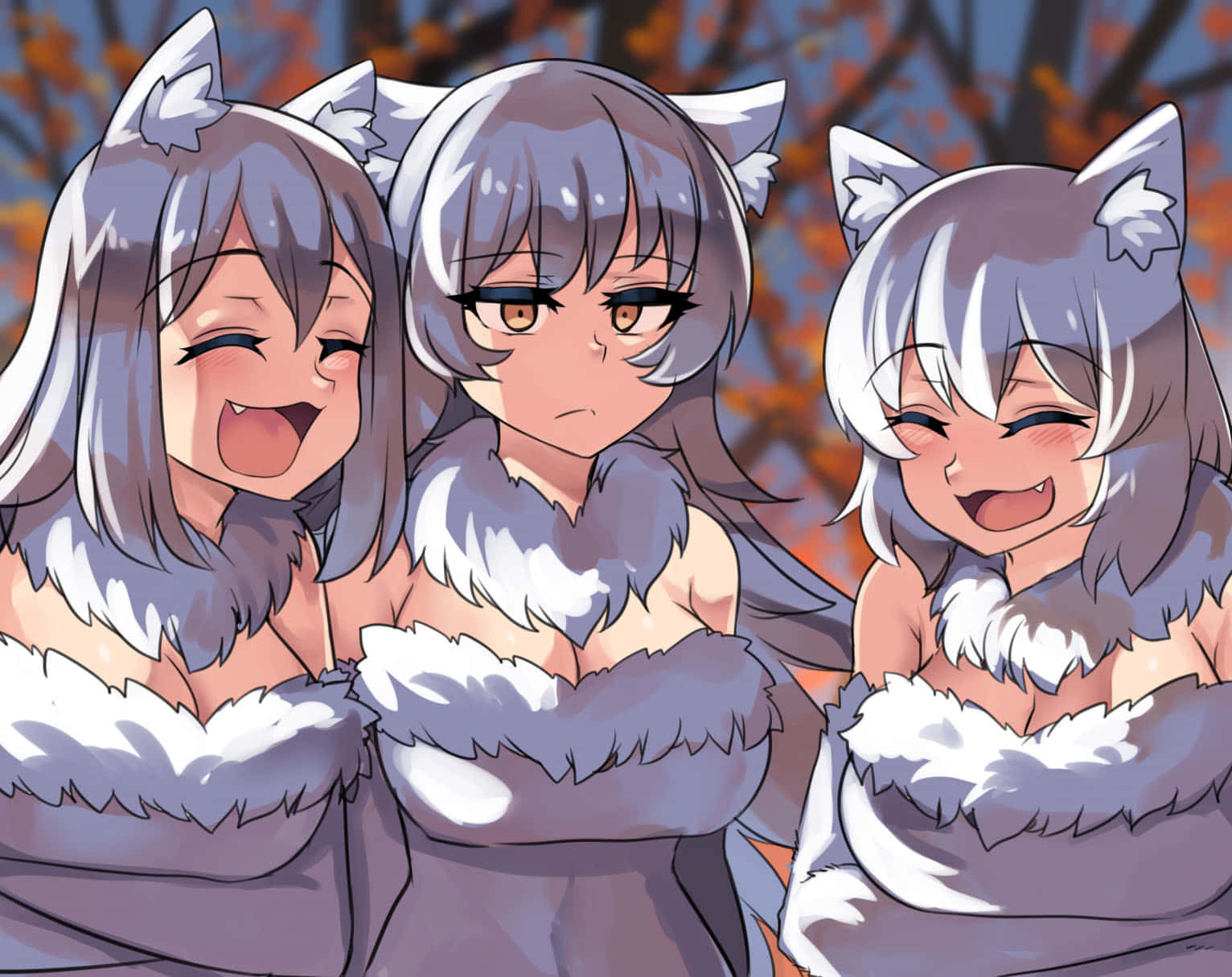Three Anime Girls In Fur Clothes Are Smiling