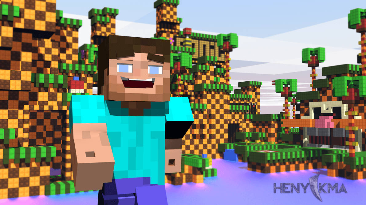 “Laughing Steve Enjoys the Sunshine in a World of Minecraft Blocks” Wallpaper