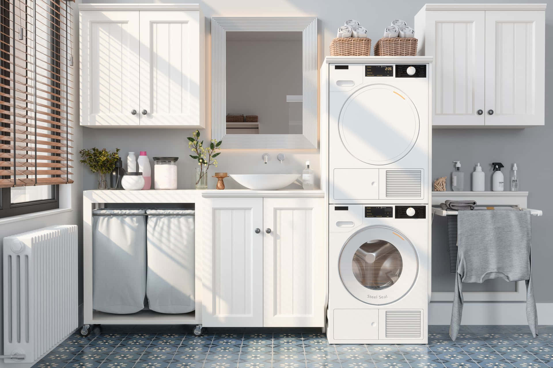 A Laundry Room With A Washing Machine And Sink
