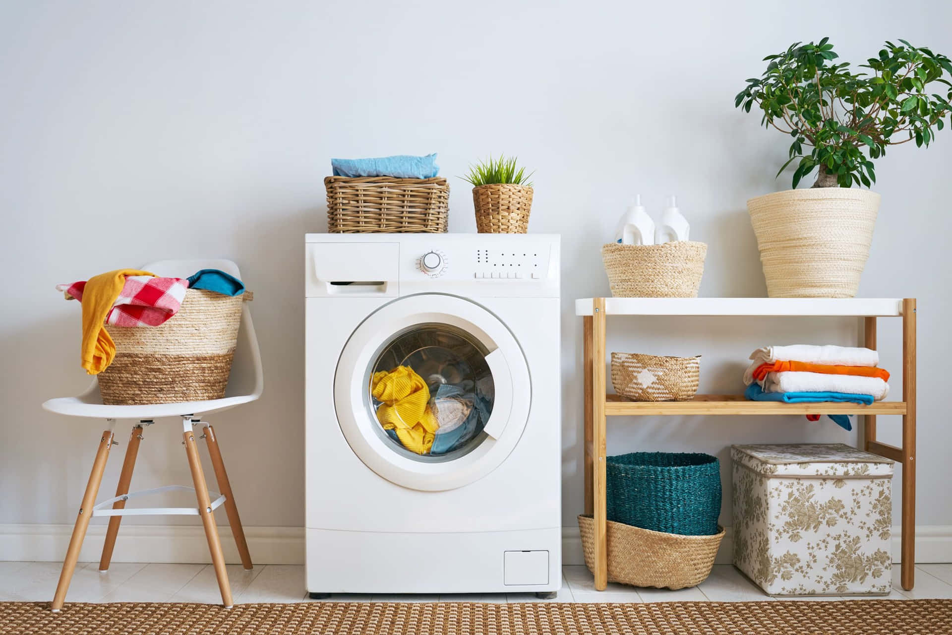 A White Washing Machine And Baskets In A Room