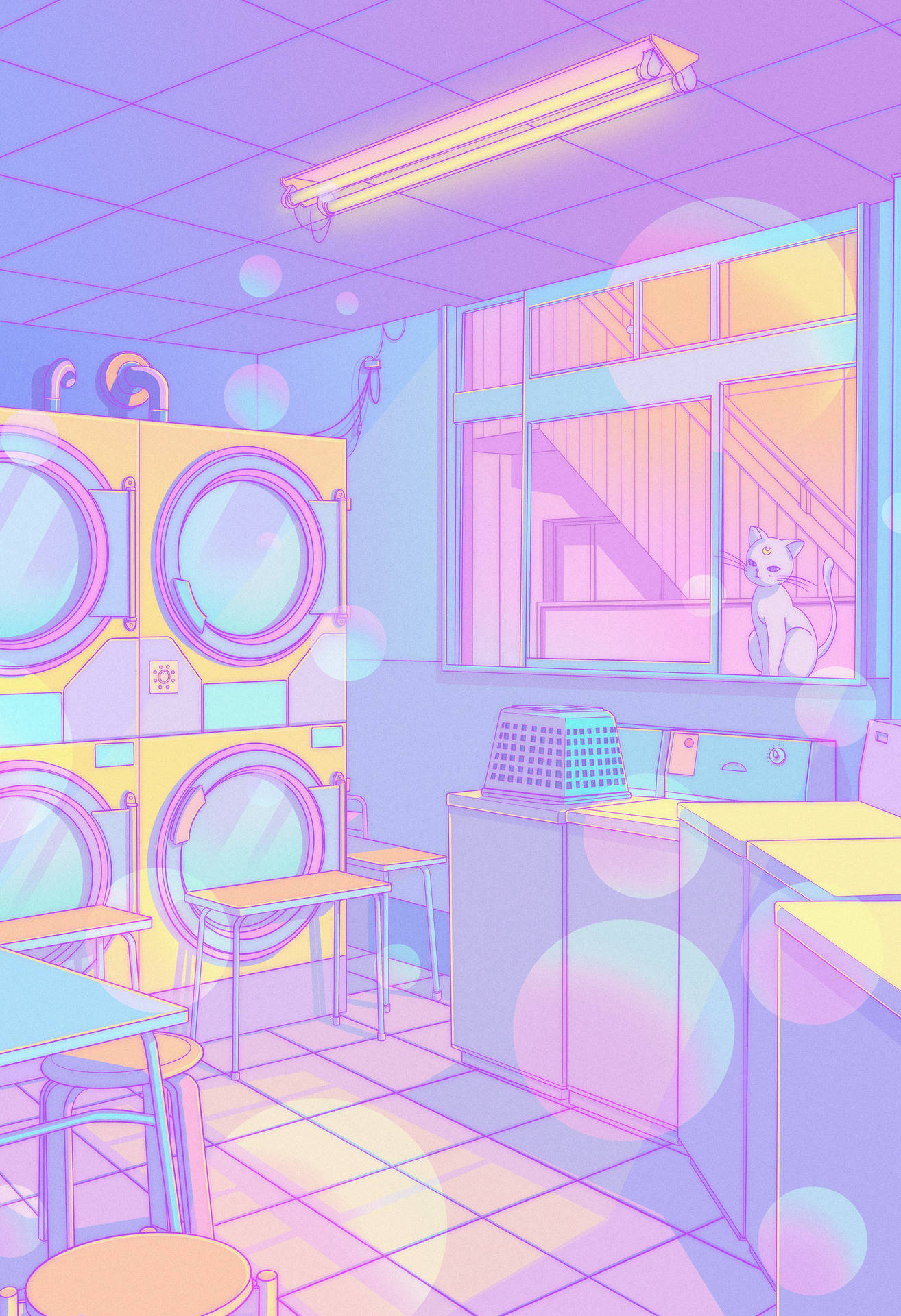 Tiendade Lavandería En Estilo Japonés Pastel. Fondo de pantalla