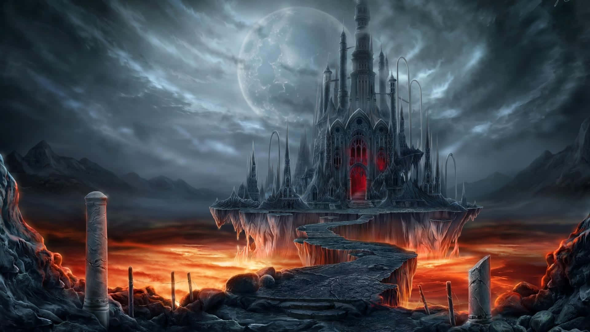A Dark Castle With A Flaming Tower In The Background