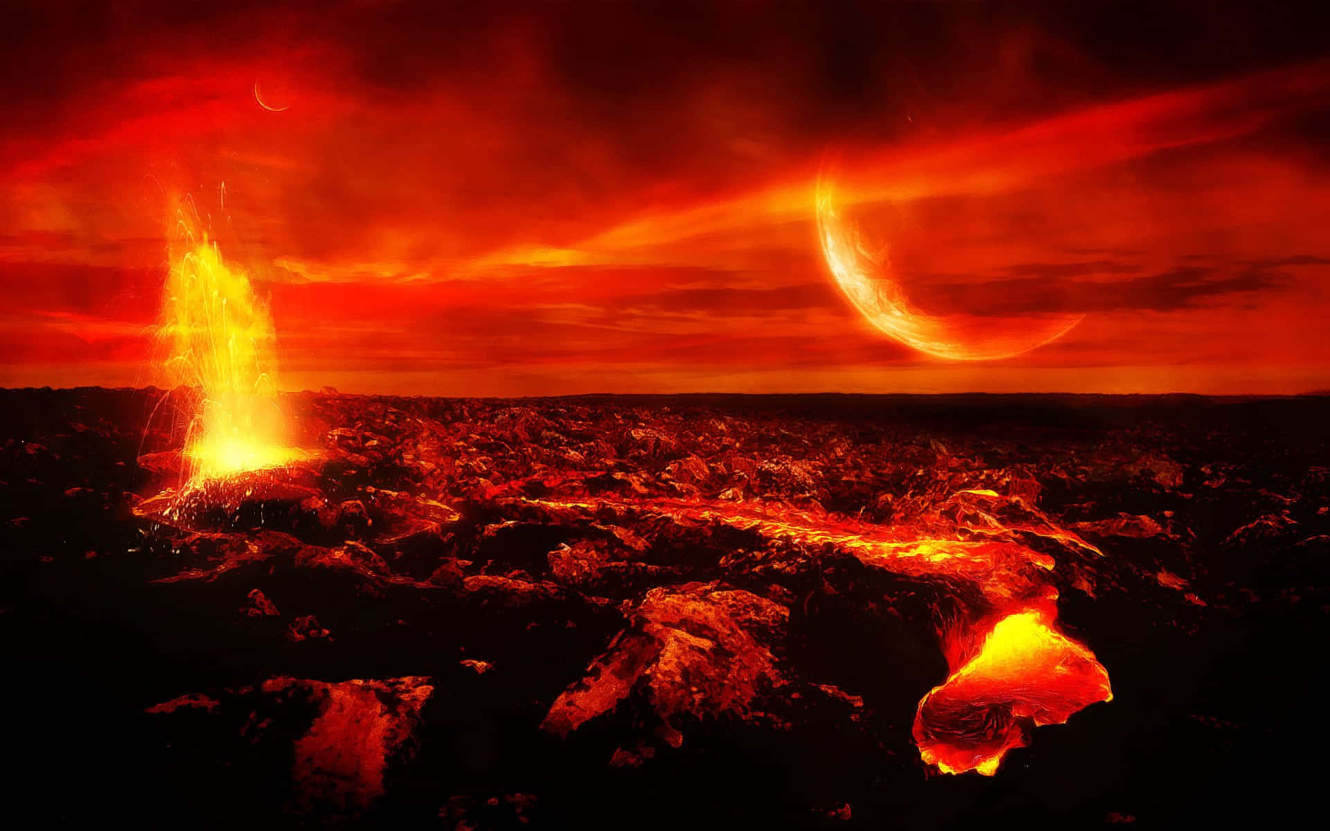 A Lava Flow With A Red And Orange Sky