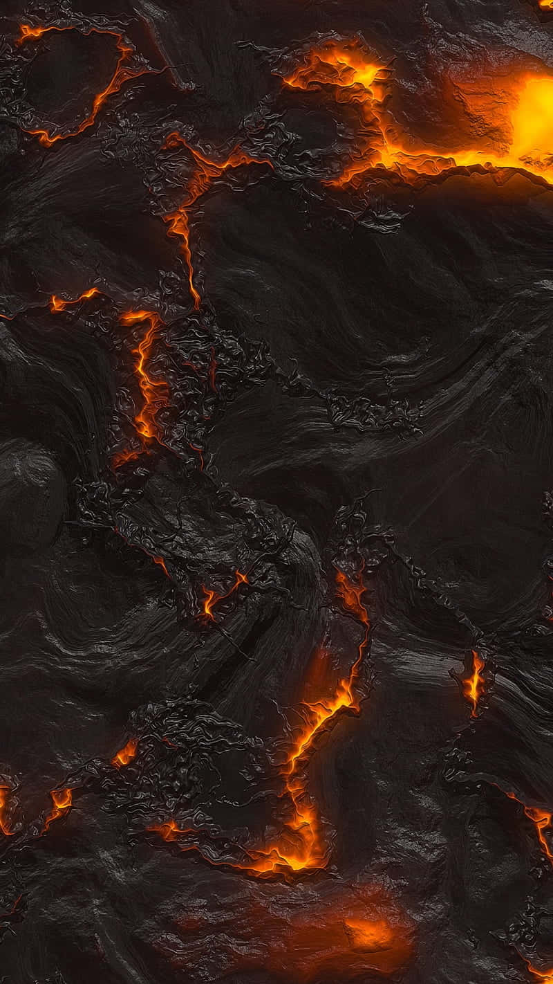 Flowing lava on a background of beautiful mountainous terrain