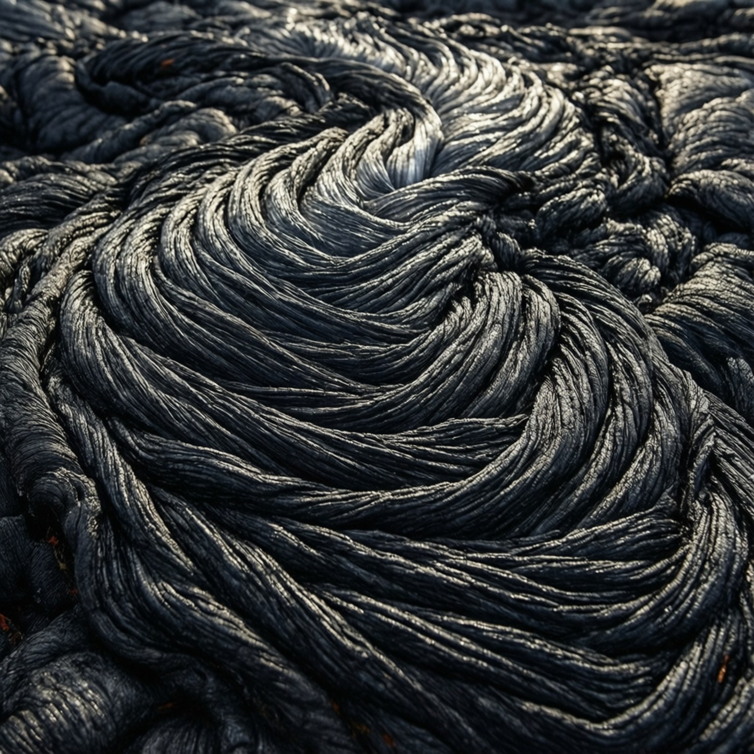 Intricate macro shot of pahoehoe lava flow showing ropey patterns.