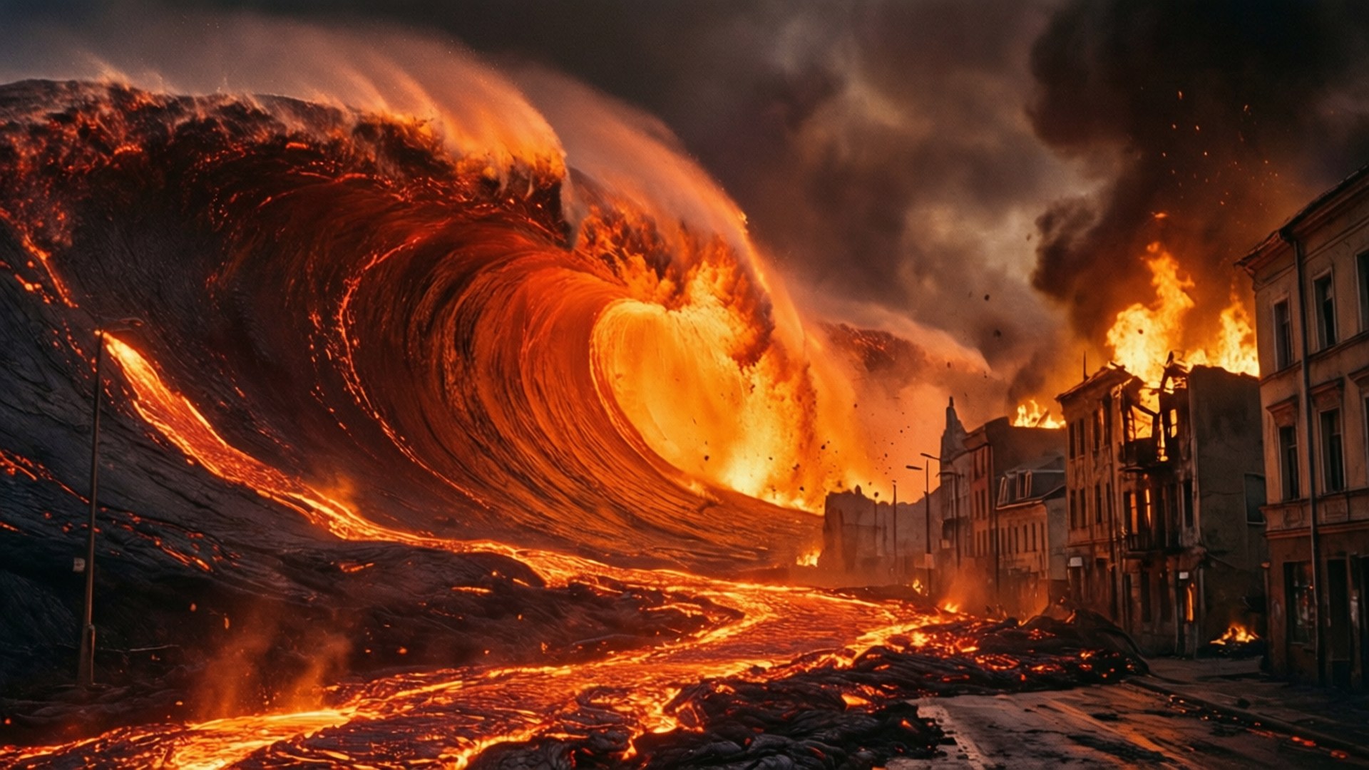 A lava flow overwhelms a city, bringing fiery destruction.