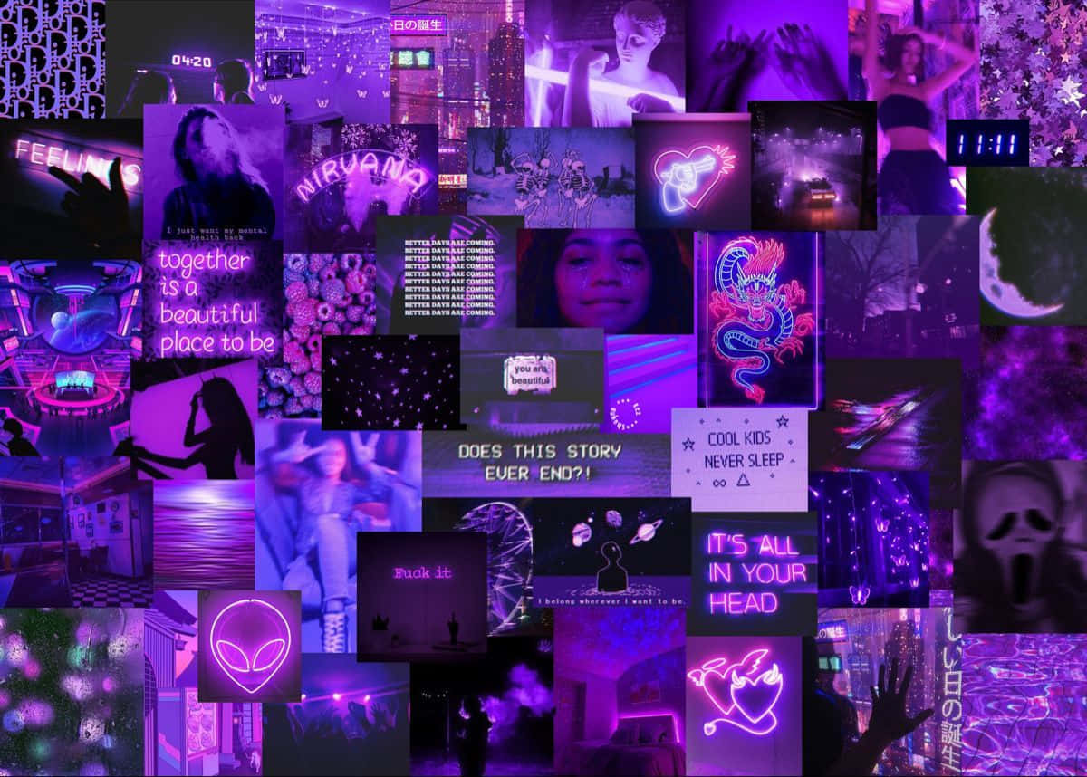 Uncollage De Fotos Con Luces Púrpuras Y Neón. Fondo de pantalla