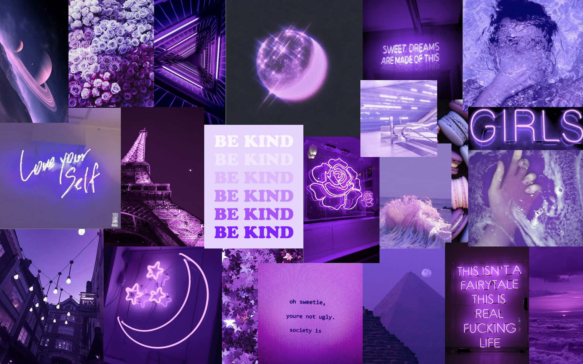 purple and pink collage with a lot of pictures Wallpaper