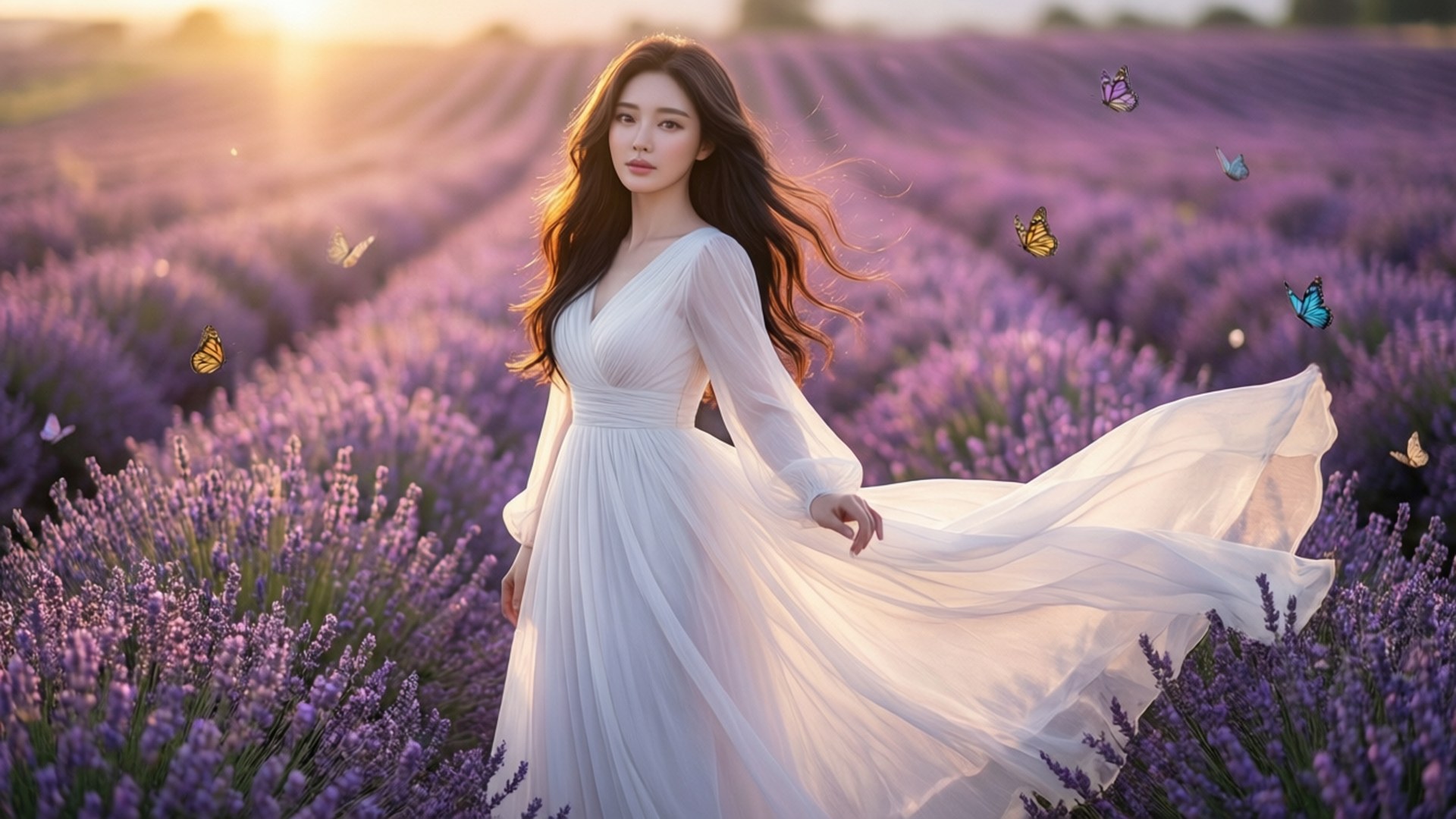 Genevieve Kang fordybet i en romantisk lavendelmark ved solnedgang.