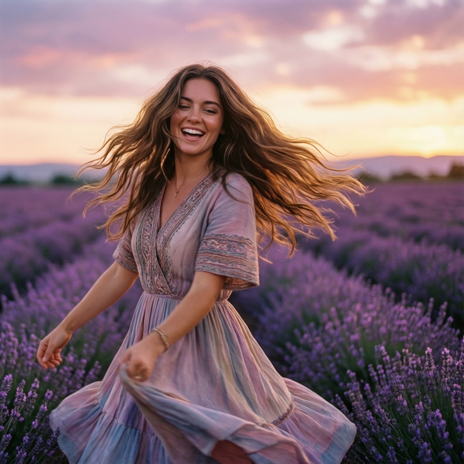 Maddison Brown dançando em um campo de lavanda ao pôr do sol, papel de parede sonhador e alegre.