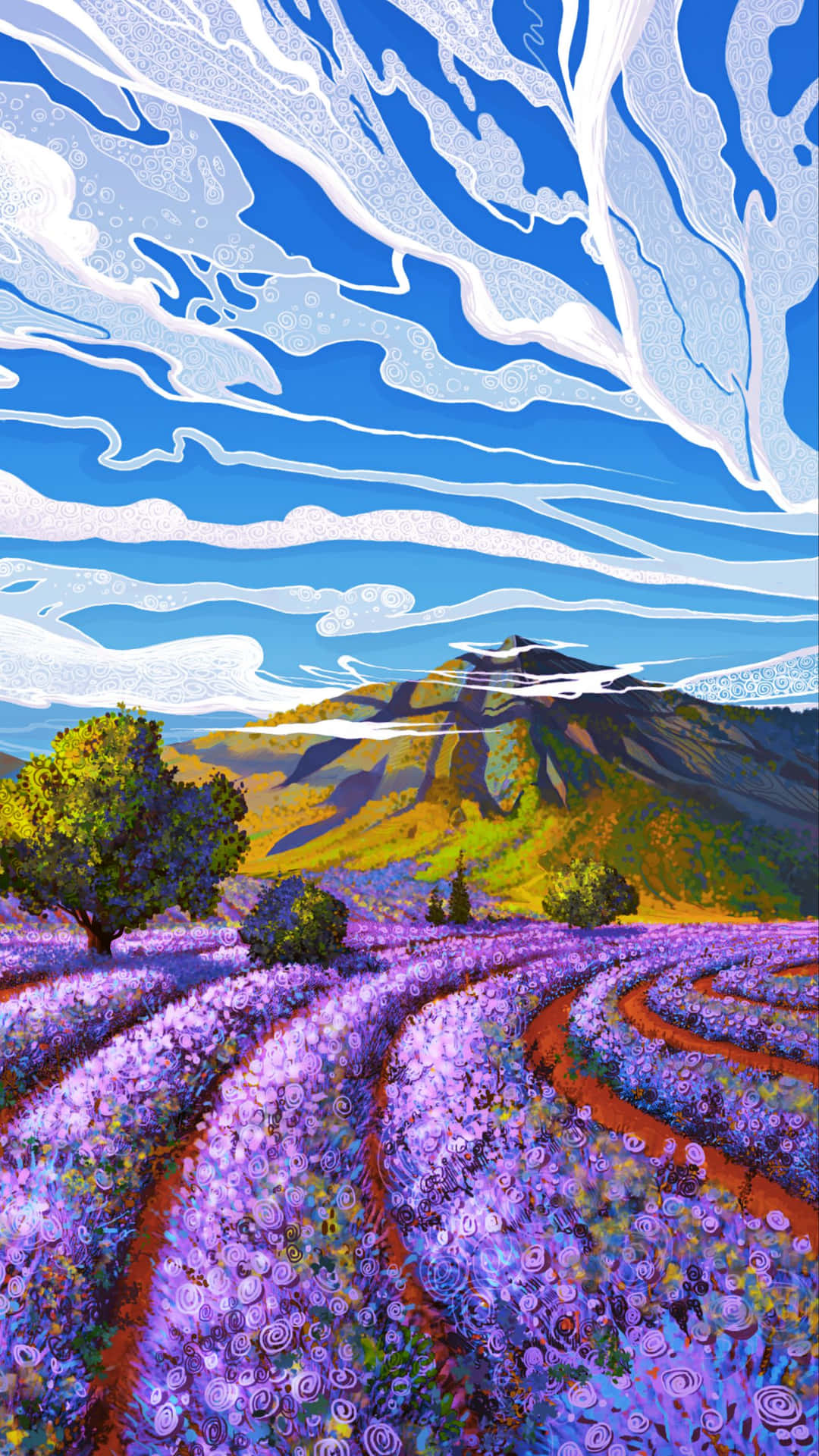 Lavendel Blomster på et bjerg Felt Kunst Tapet Wallpaper