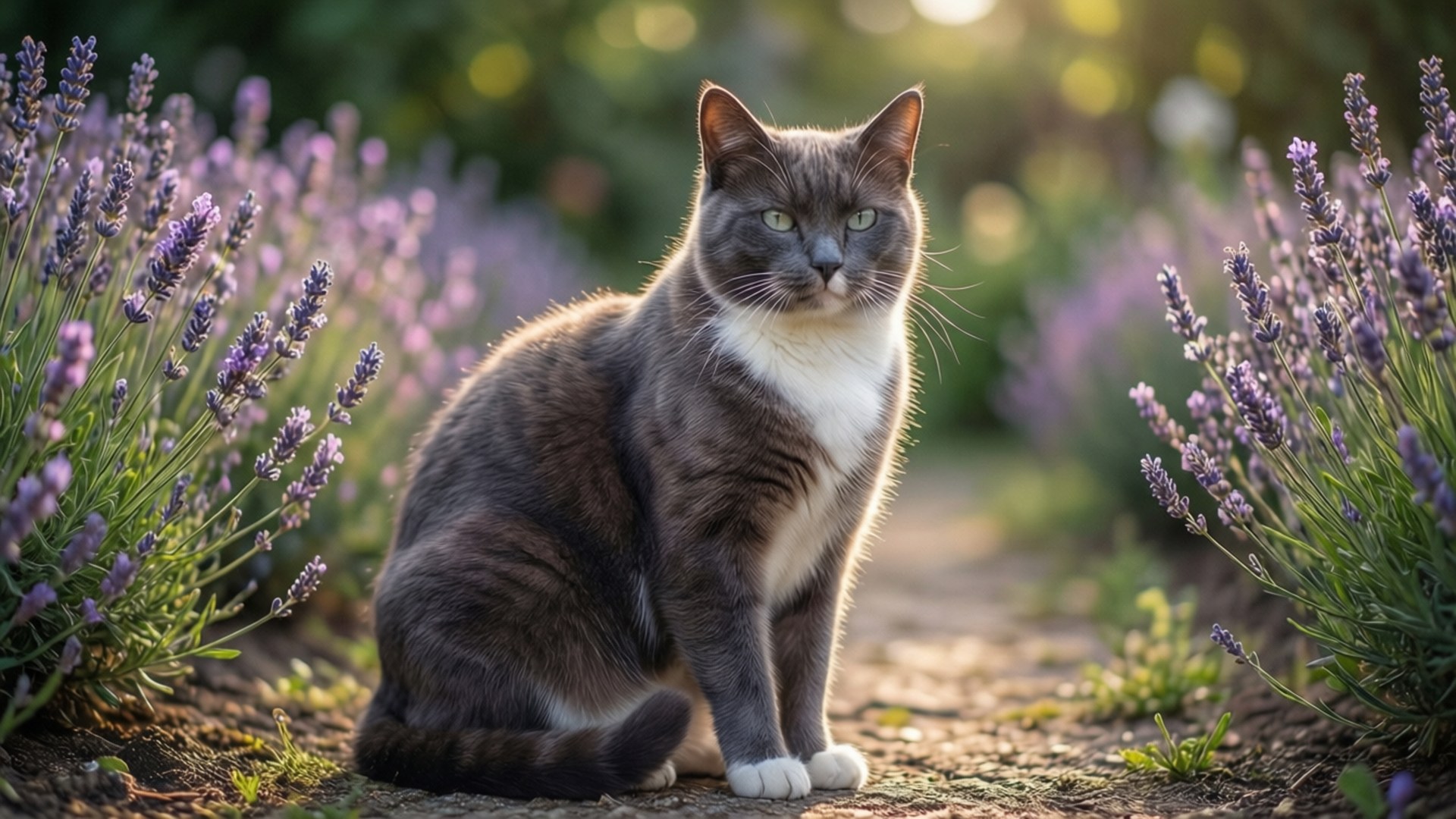 Gatto grigio con zampe bianche seduto in campo di lavanda in giornata soleggiata
